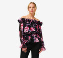 Floral print Chiffon Off the shoulder Top With Rosettes In Black Multi