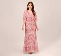 V-neck Floral Print Floor Length Dolman Flutter Sleeves Polyester Back Zipper Wrap Beaded Mesh Flowy Dress