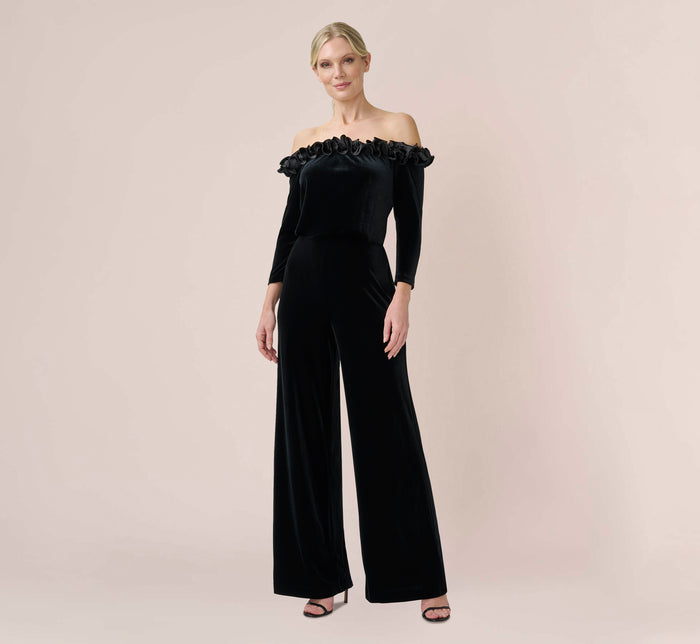 Feather-Trim Off-The-Shoulder Jersey Jumpsuit In Black | Adrianna