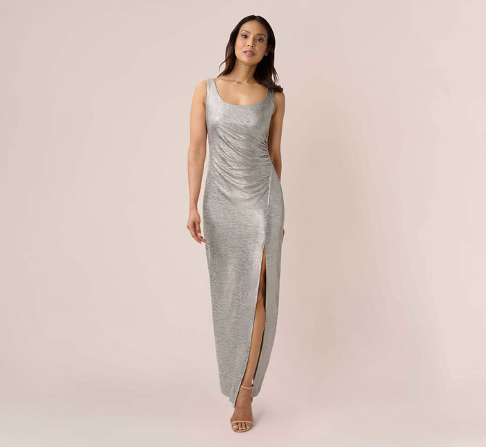 Beaded Column Gown with Mock Neckline in Rose Gold