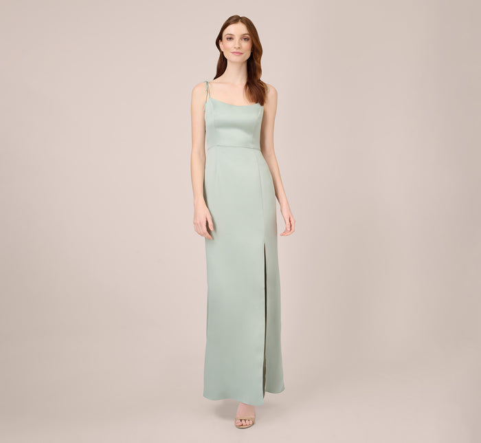 Satin Crepe Ruffle Front Long Gown In Steel Rose | Adrianna Papell