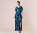 Floral print Metallic Crinkled Mesh Faux Wrap Long Gown In Navy Multi