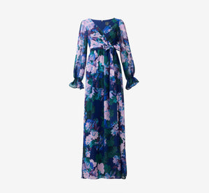 Floral-Print Long Shirred Chiffon Gown In Navy Multi