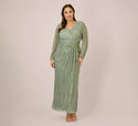 Tall Plus Size Gathered Crinkled Draped Mesh Back Zipper Faux Wrap Mermaid Bishop Sleeves Dress