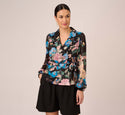 Floral print Metallic Clip Dot Chiffon Faux Wrap Tuxedo Top In Black Multi