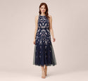 Full-Skirt Floral Print Sleeveless Tea Length Embroidered Fitted Beaded Sequined Back Zipper Dress