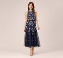 Full-Skirt Floral Print Tea Length Beaded Fitted Embroidered Sequined Back Zipper Sleeveless Dress