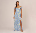 Tall Full-Skirt Back Zipper Pleated Fitted Shirred Slit Off the Shoulder Floral Print Natural Waistline Evening Dress