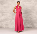 V-neck Collared Tie Waist Waistline Pleated Back Zipper Self Tie Ball Gown Dress With a Sash
