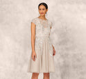 Fit-and-Flare Pocketed Beaded Sheer Back Zipper Fitted Sequined Illusion Cocktail Cap Sleeves Party Dress