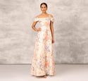 Tall Floral Print Off the Shoulder Pleated Pocketed Back Zipper Piping Jacquard Metallic Ball Gown Dress