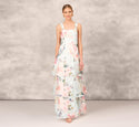 A-line Floor Length Sleeveless Floral Print Embroidered Tiered Back Zipper Evening Dress