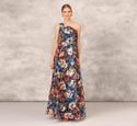 Tall Floral Print Jacquard Slit Pocketed Pleated Side Zipper One Shoulder Ball Gown Dress