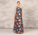 Tall Pocketed Pleated Side Zipper Jacquard Slit One Shoulder Floral Print Ball Gown Dress