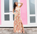 Tall Floral Dots Print Halter Slit Back Zipper Tiered Ruched Maxi Dress