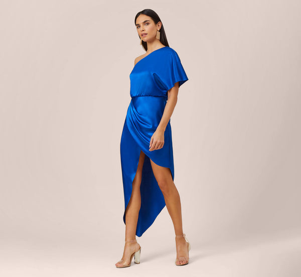 spænding Vælge moral Satin One-Shoulder Draped Long Asymmetrical Gown In Violet Cobalt |  Adrianna Papell