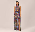 Tall Crinkled Mesh Slit Tiered Belted Self Tie Cutout Floral Print Halter Elasticized Tie Waist Waistline Dress