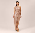 One Shoulder Sheath Knit Mesh Sequined Slit Side Zipper Gathered Sheath Dress/Prom Dress With a Sash