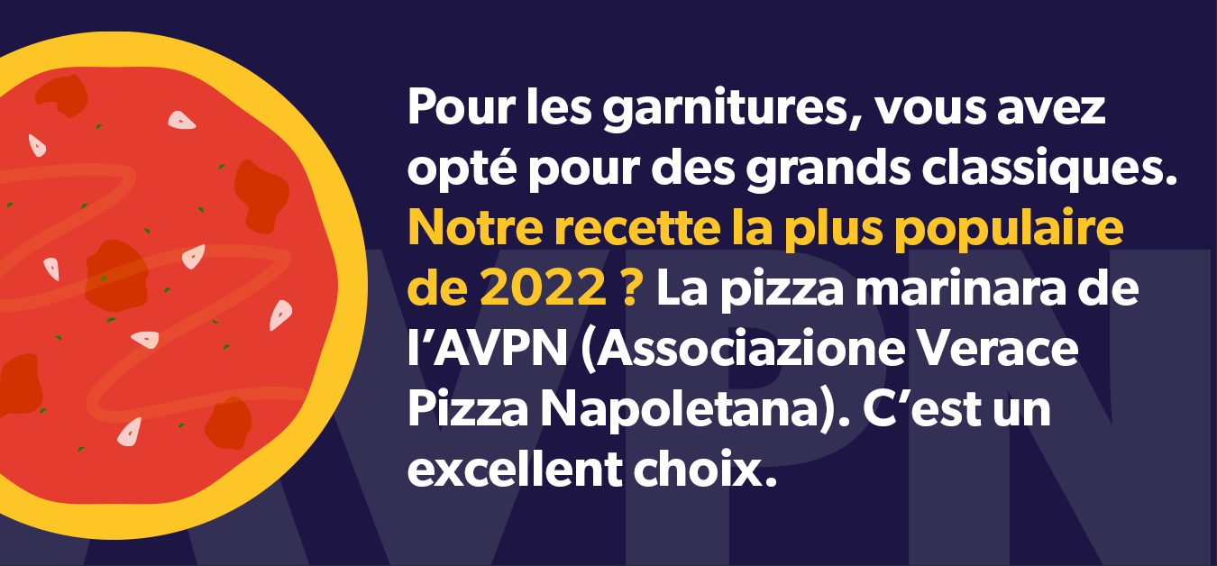 Pour les garnitures, vous avez opté pour des grands classiques. Notre recette la plus populaire de 2022 ? La pizza marinara de l’AVPN (Associazione Verace Pizza Napoletana). C’est un excellent choix.