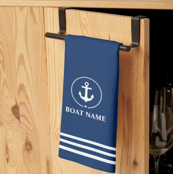 Nautical Boat Name Anchor Rope Blue Striped Kitchen Towel