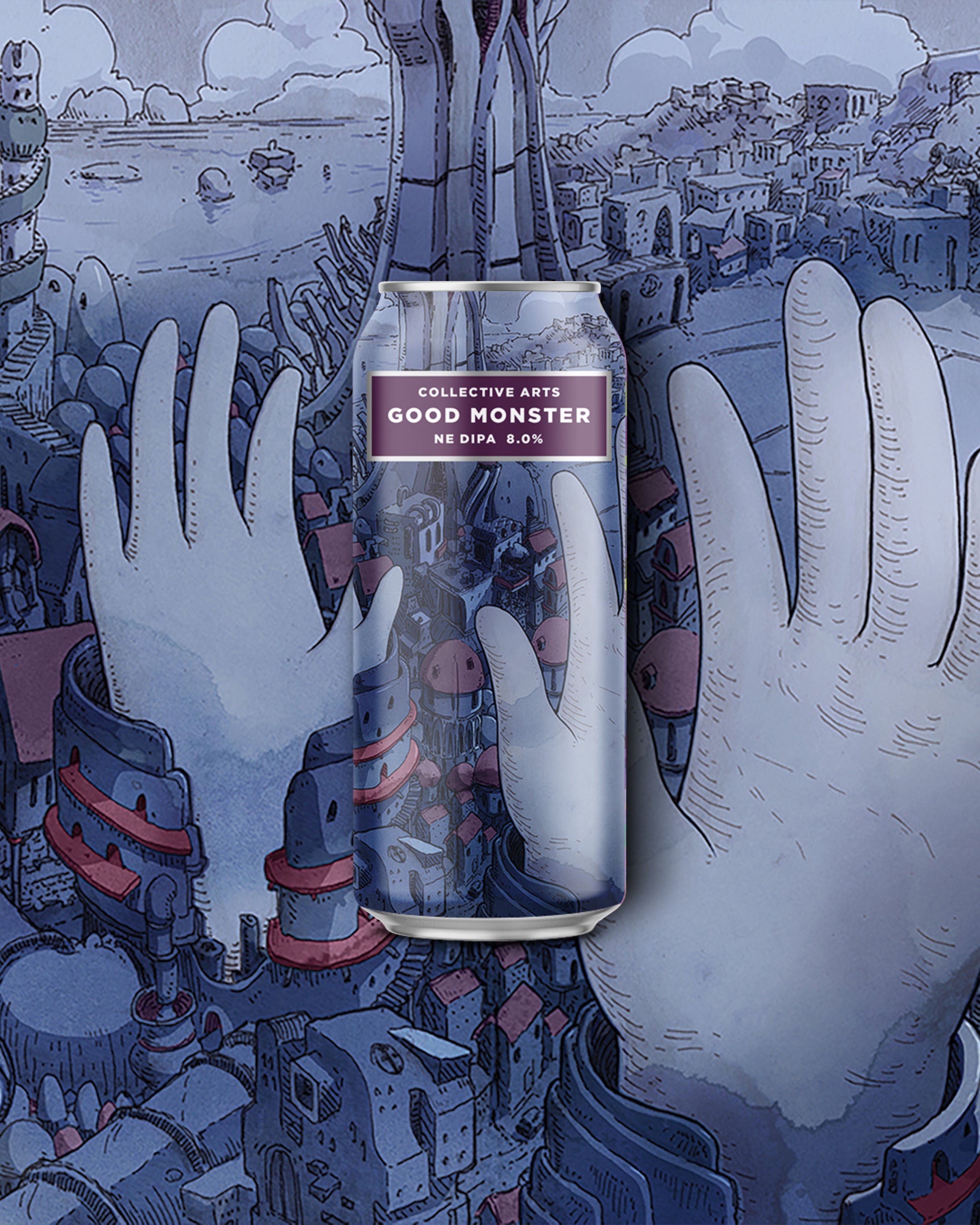 Cityscape with Giant Hands on Good Monster Can