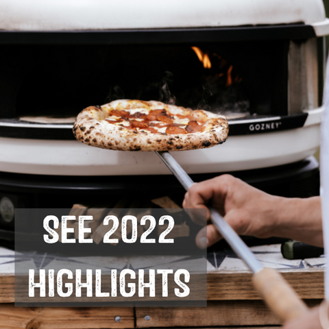 Pizza going into pizza oven with text 'See 2022 Highlights'