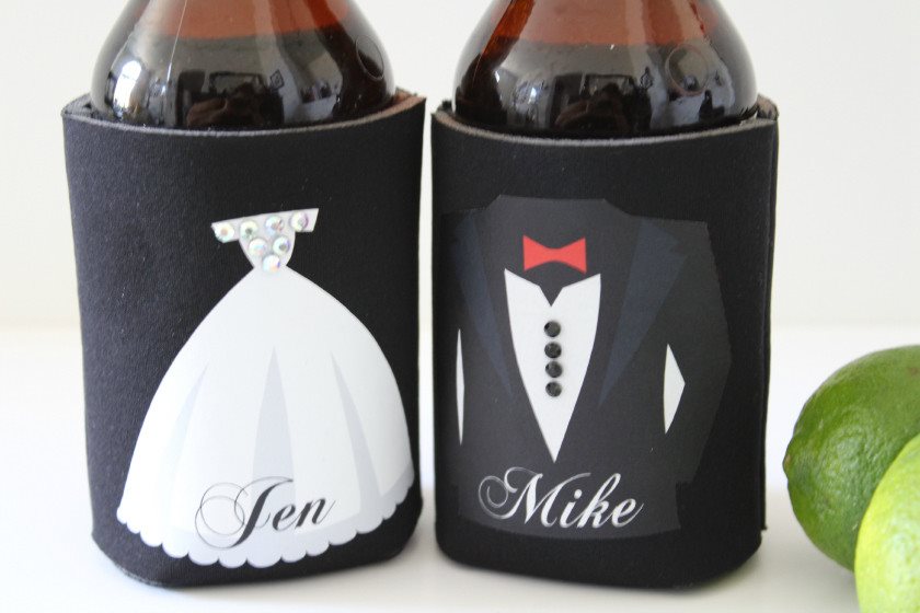 bride and groom beer koozies