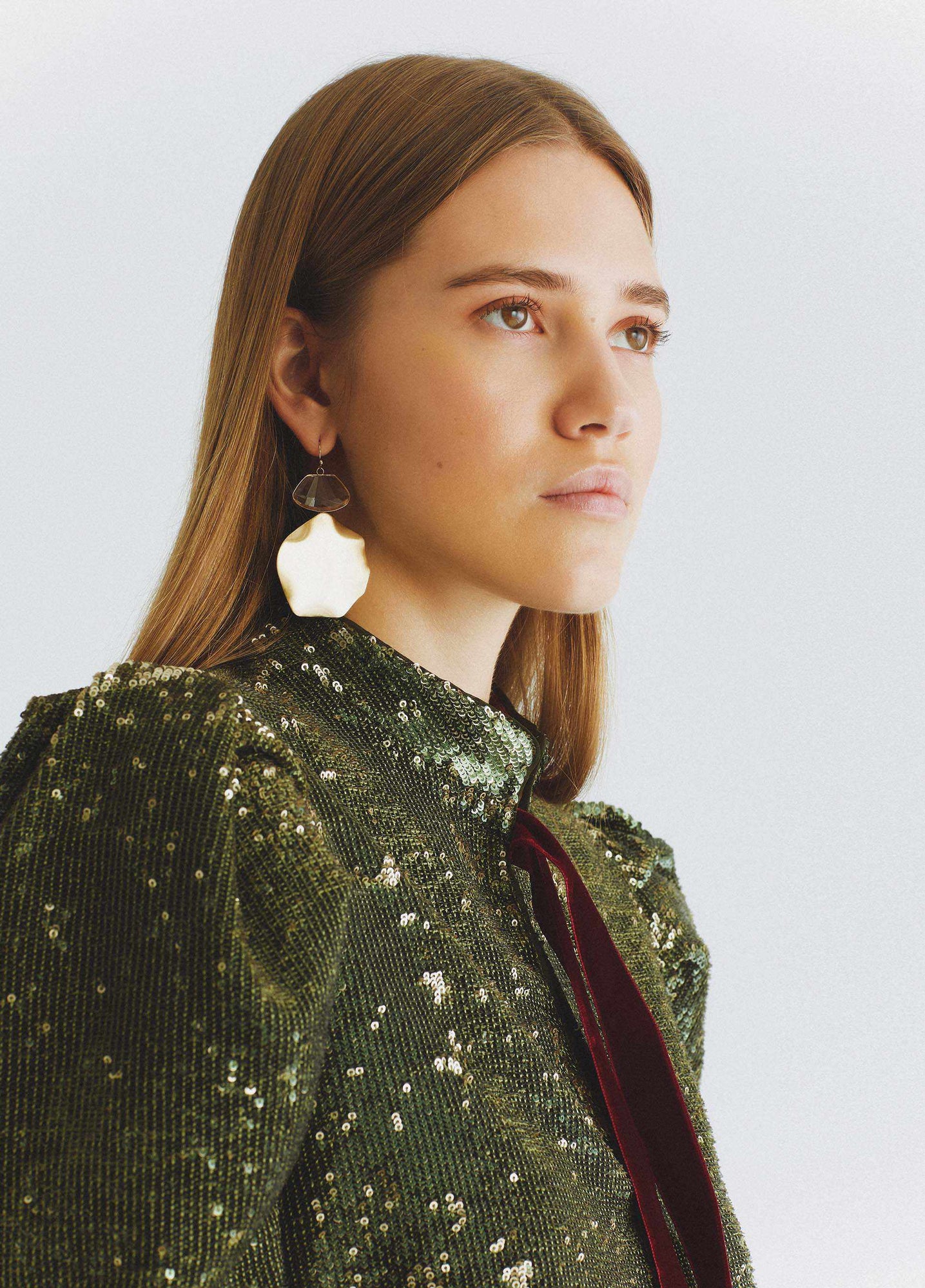 Ruched Sleeve Olive-Shimmer Jacket | Shop Sophisticated Women's Clothing