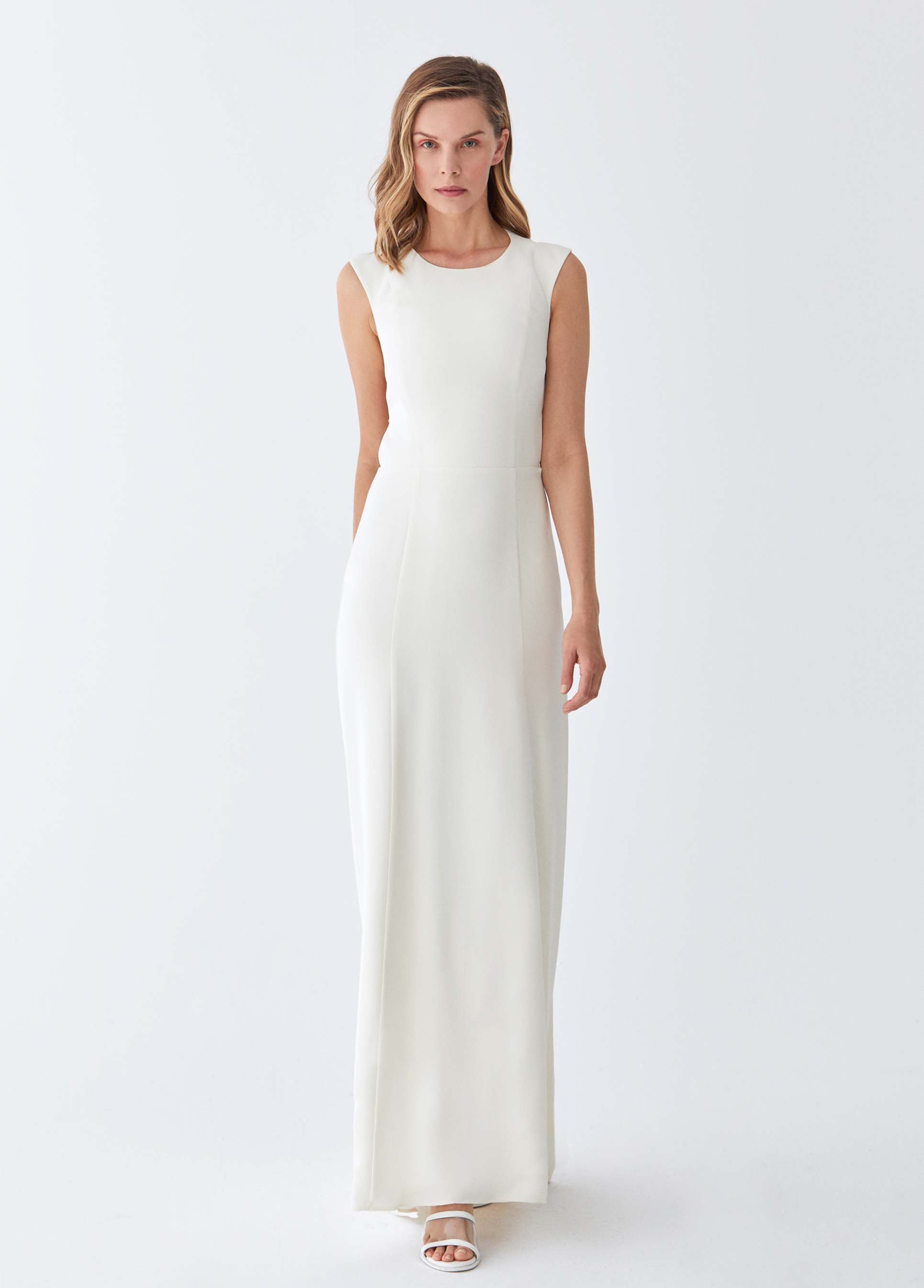 Roman Cream Slit Neckline Evening Gown. 1