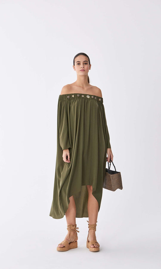 Roman Buttom Trim Off-Shoulder Dress. 1