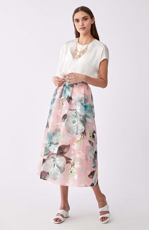 Roman Pink Floral Print Tea Skirt. 1