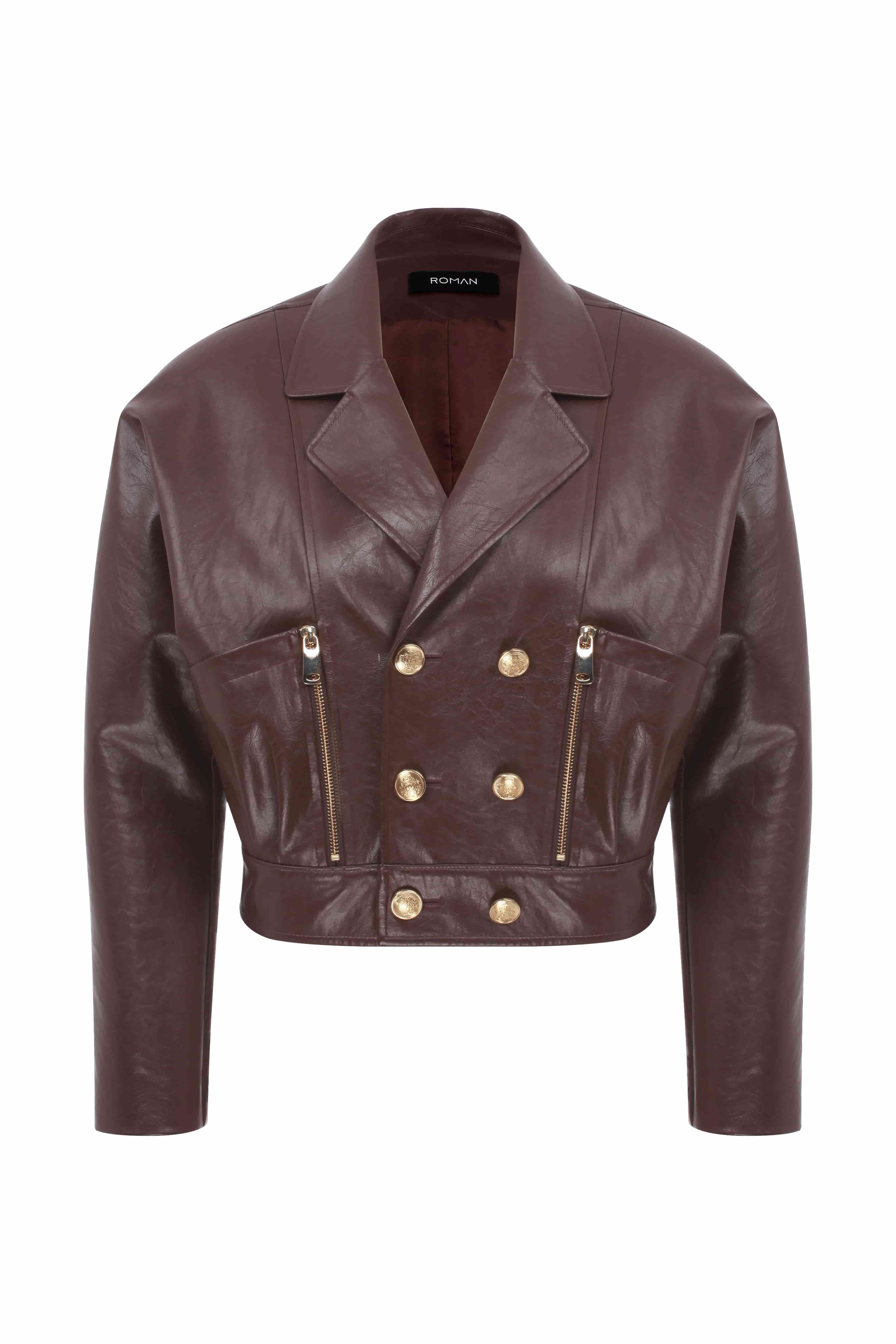 Roman Brown Leather Jacket With Gold Button. 2
