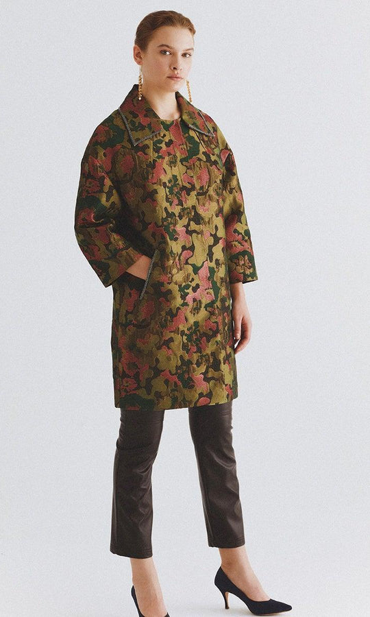 Roman Olive Printed Spread Collar Coat. 1