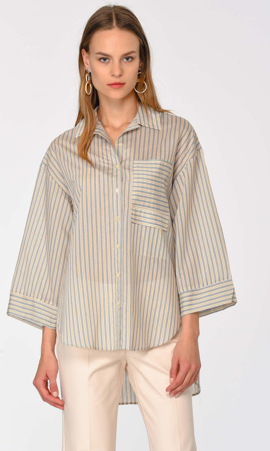 Roman Hi-Low Pinstripe Shirt. 1