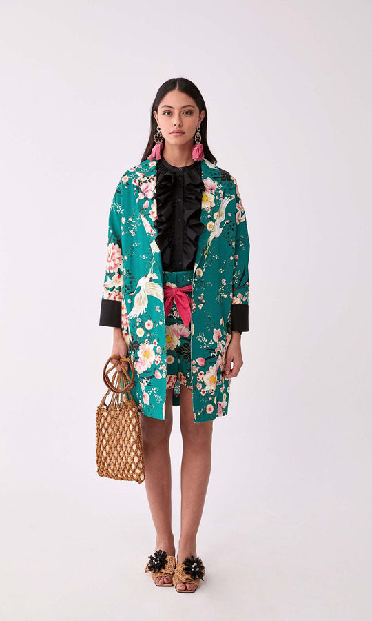 Roman Longline Teal Blossom Overcoat. 1