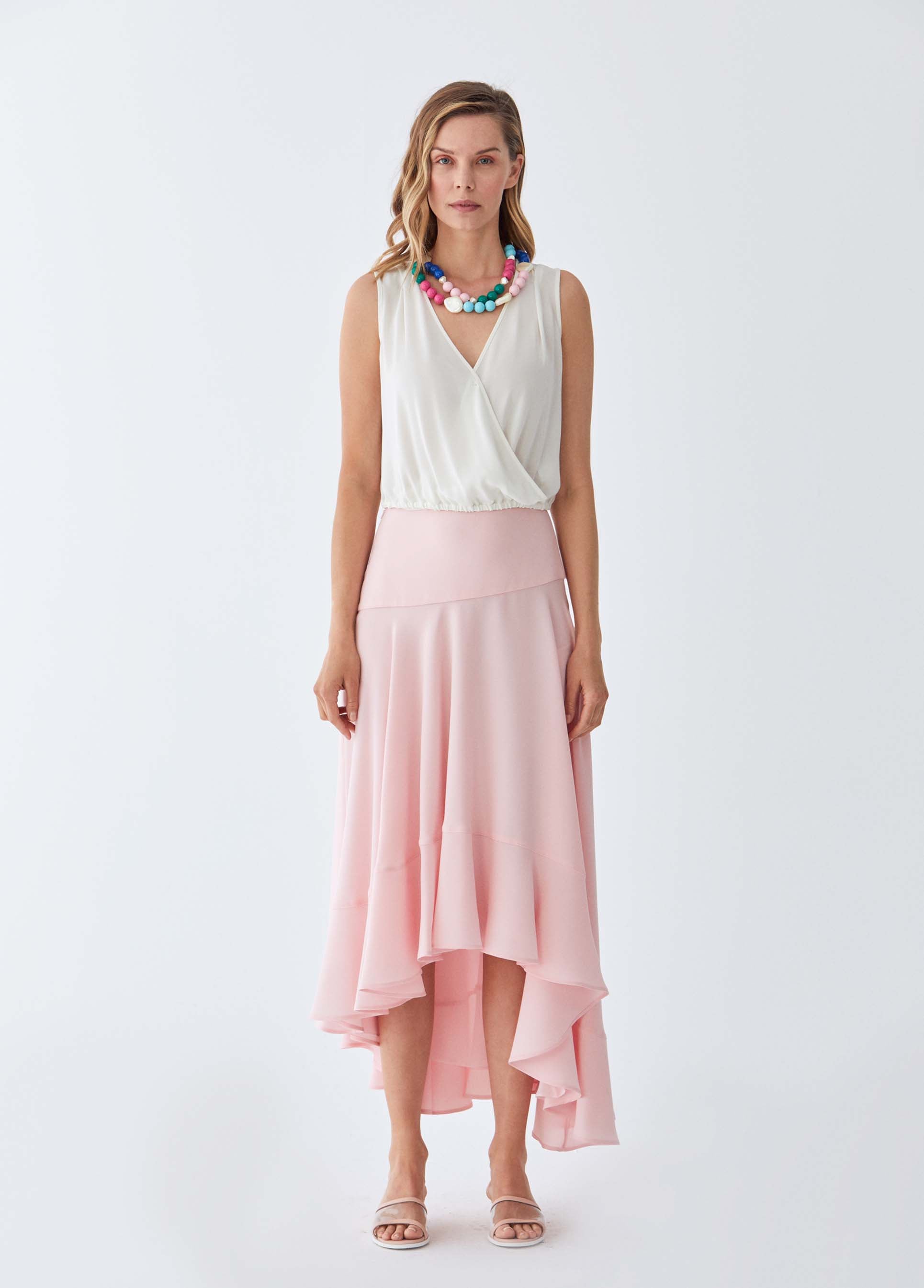 Roman Pink Asymmetric Flounce Skirt. 1