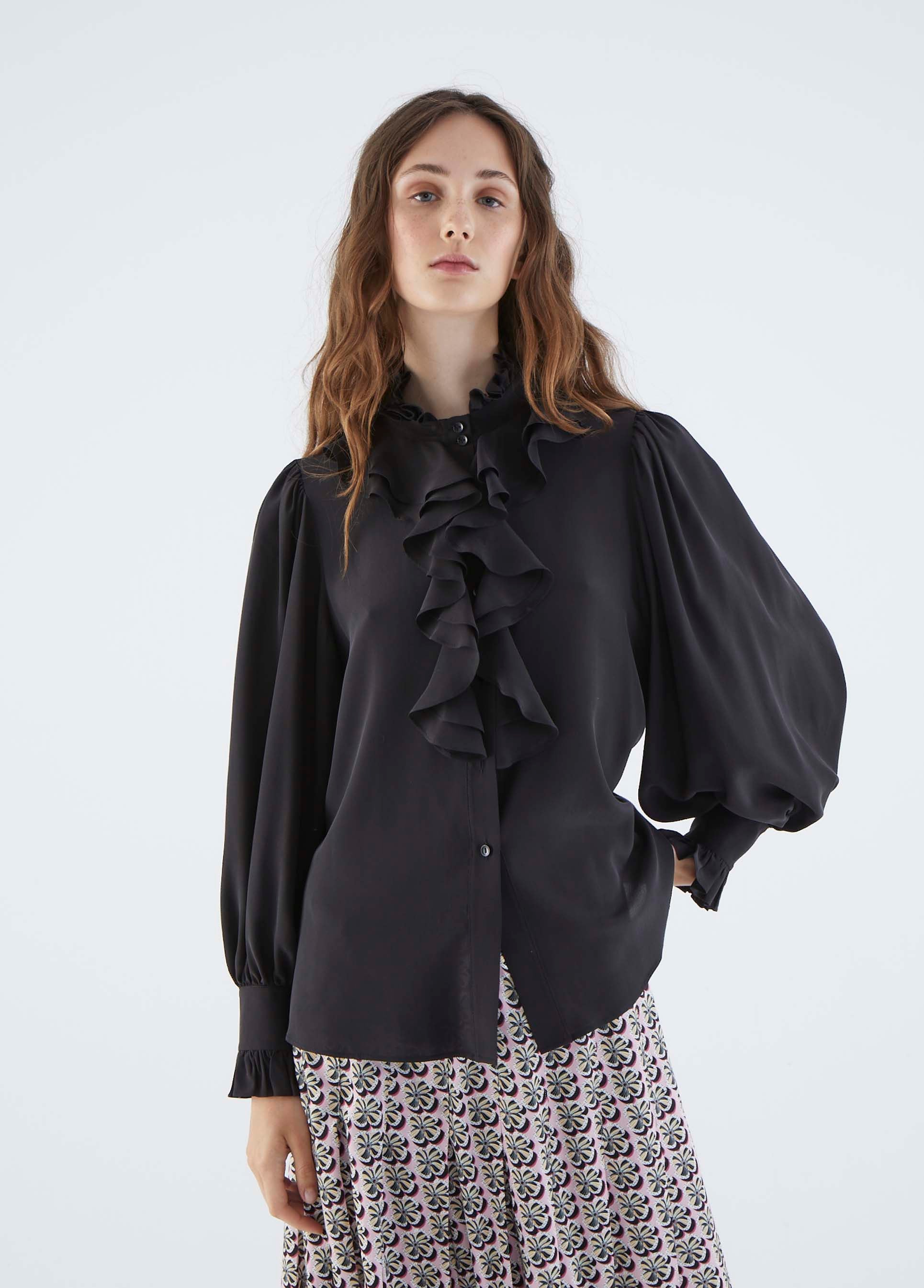 Roman Black Ruffle Silk Blouse. 1