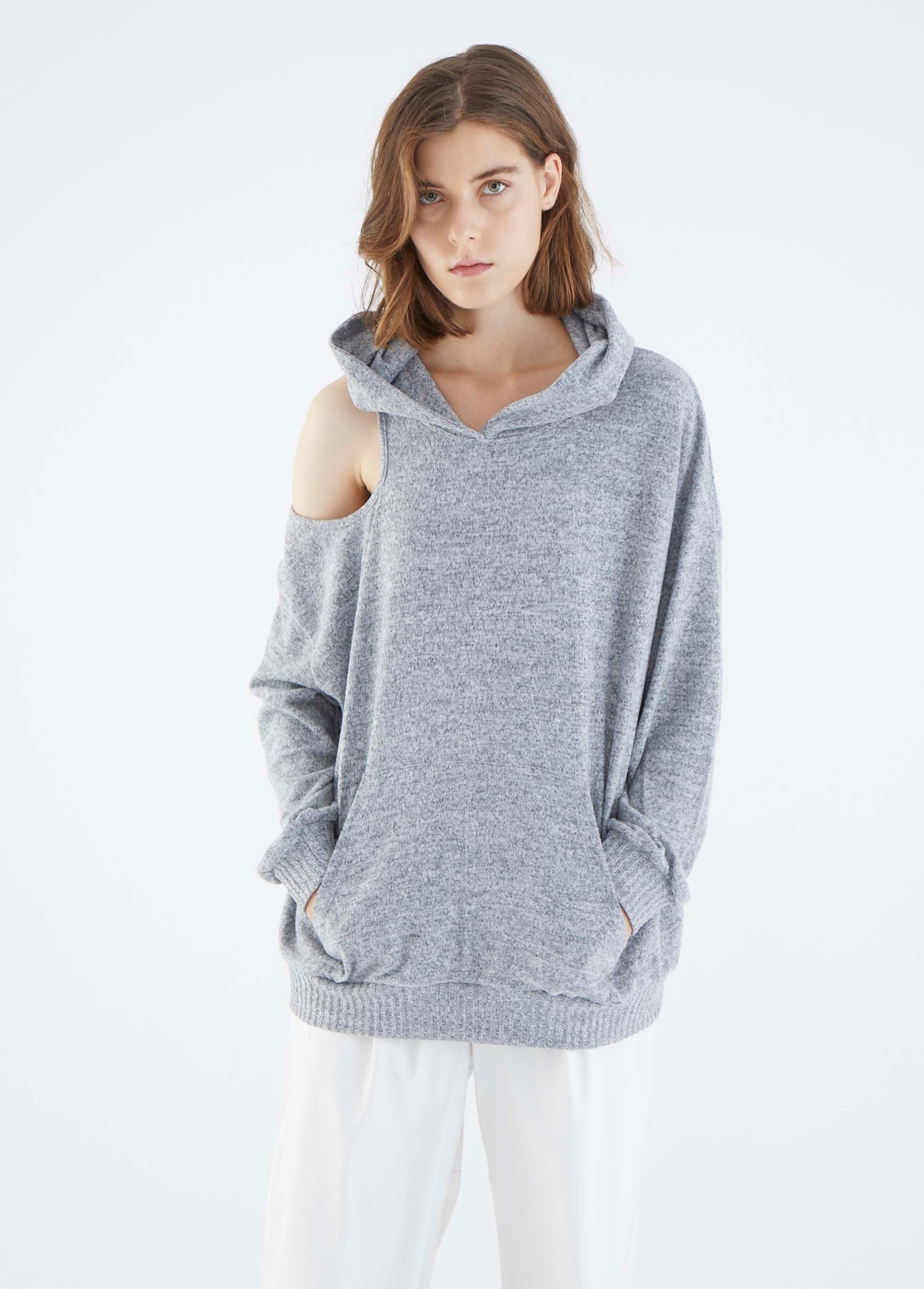 Roman Grey Shoulder-Cut Hooded Sweater. 1