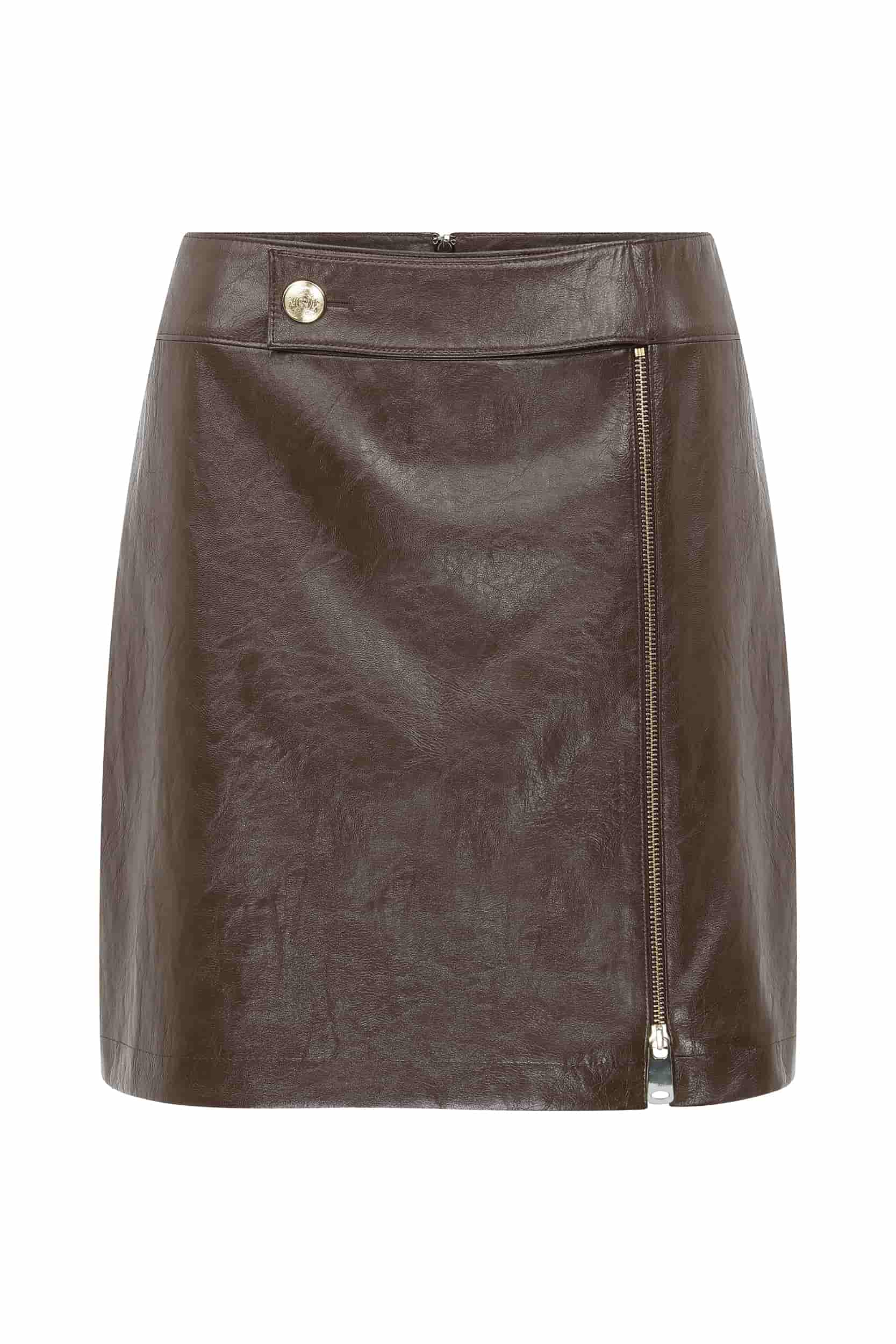 Brown Leather Zipper Mini Skirt