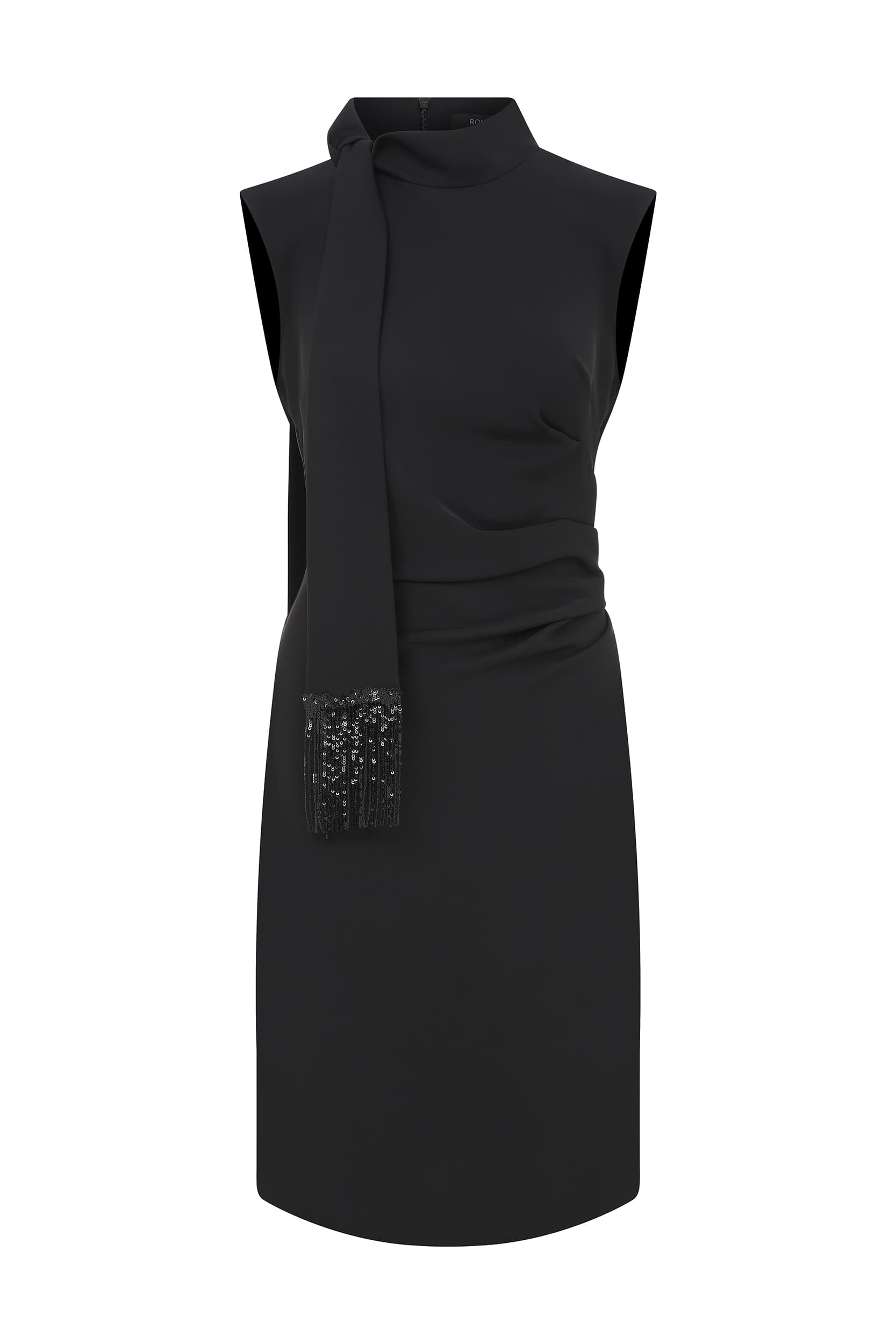Roman Sequin Detail Tie Collar Black Sheath Dress. 2