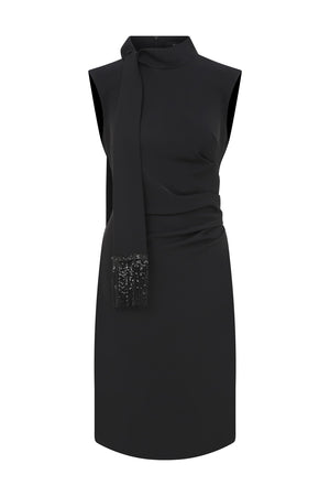 Roman Sequin Detail Tie Collar Black Sheath Dress. 1