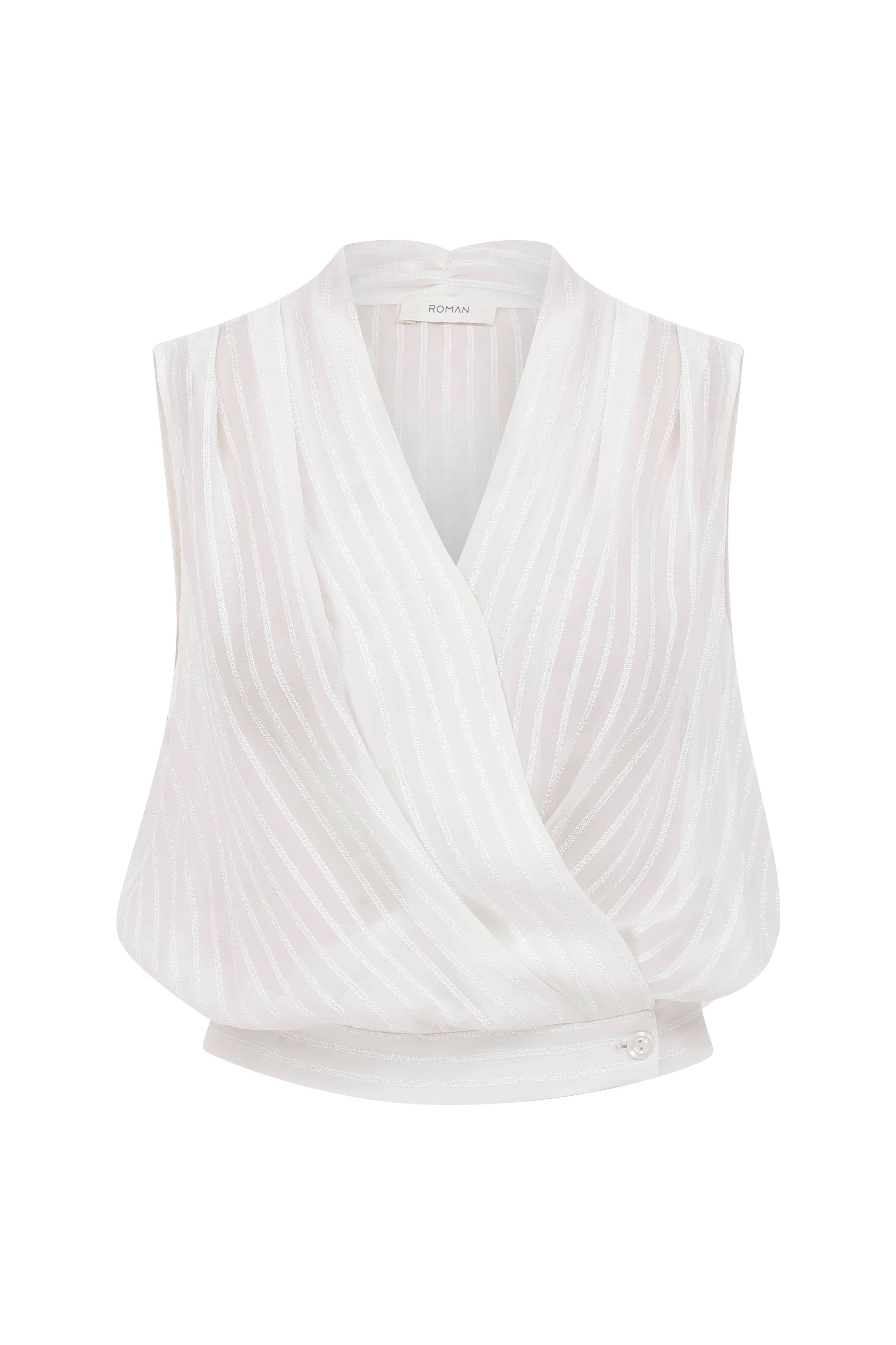 Roman Sheer Striped Double Breasted White Blouse. 2