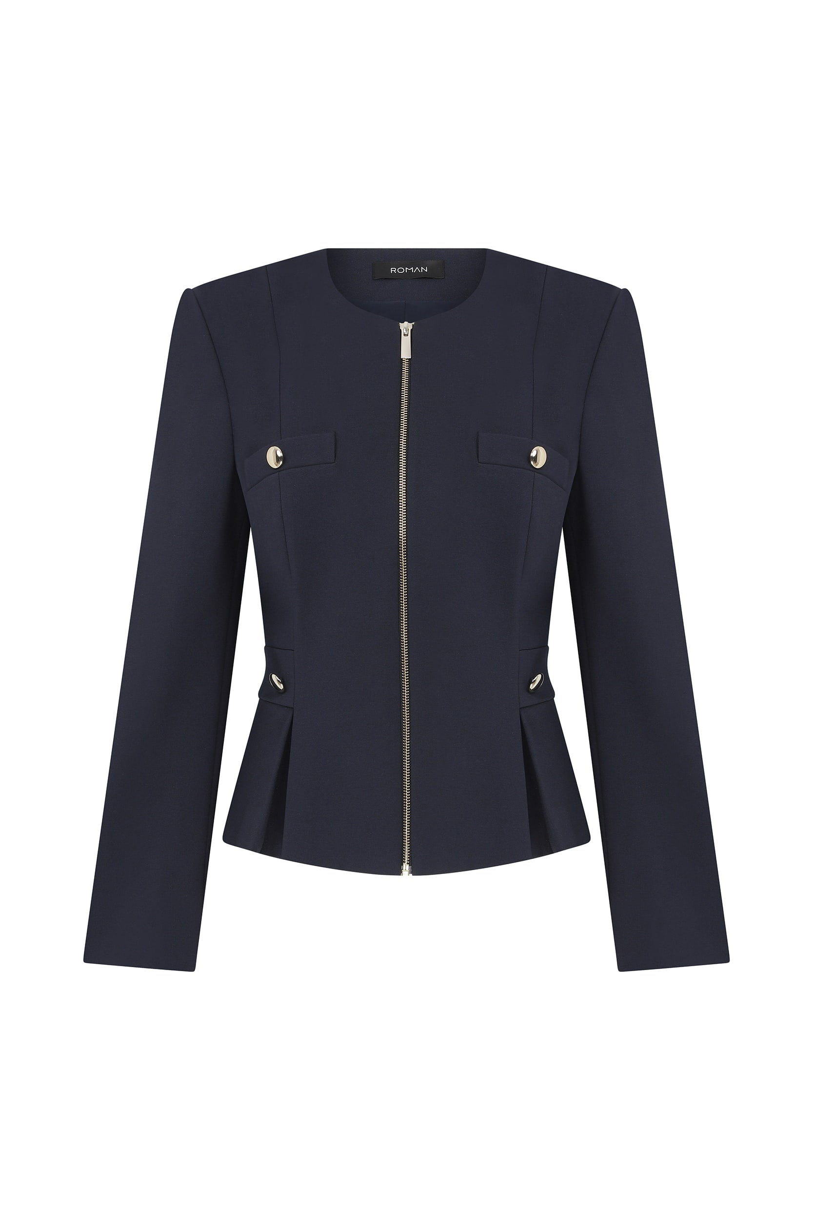 Roman Zippered Navy Blue Peplum Women's Jacket. 2