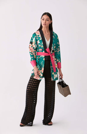 Roman Teal Blossom Kimono Coat. 1