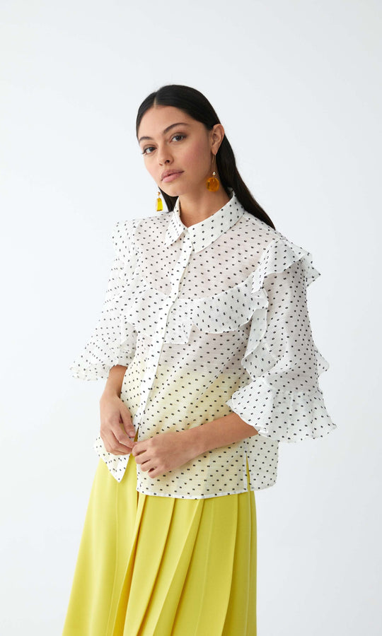 Roman Ruffle Trim Polka Dot Blouse. 1