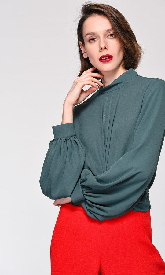 Roman LANTERN SLEEVE MOCKNECK BLOUSE. 1