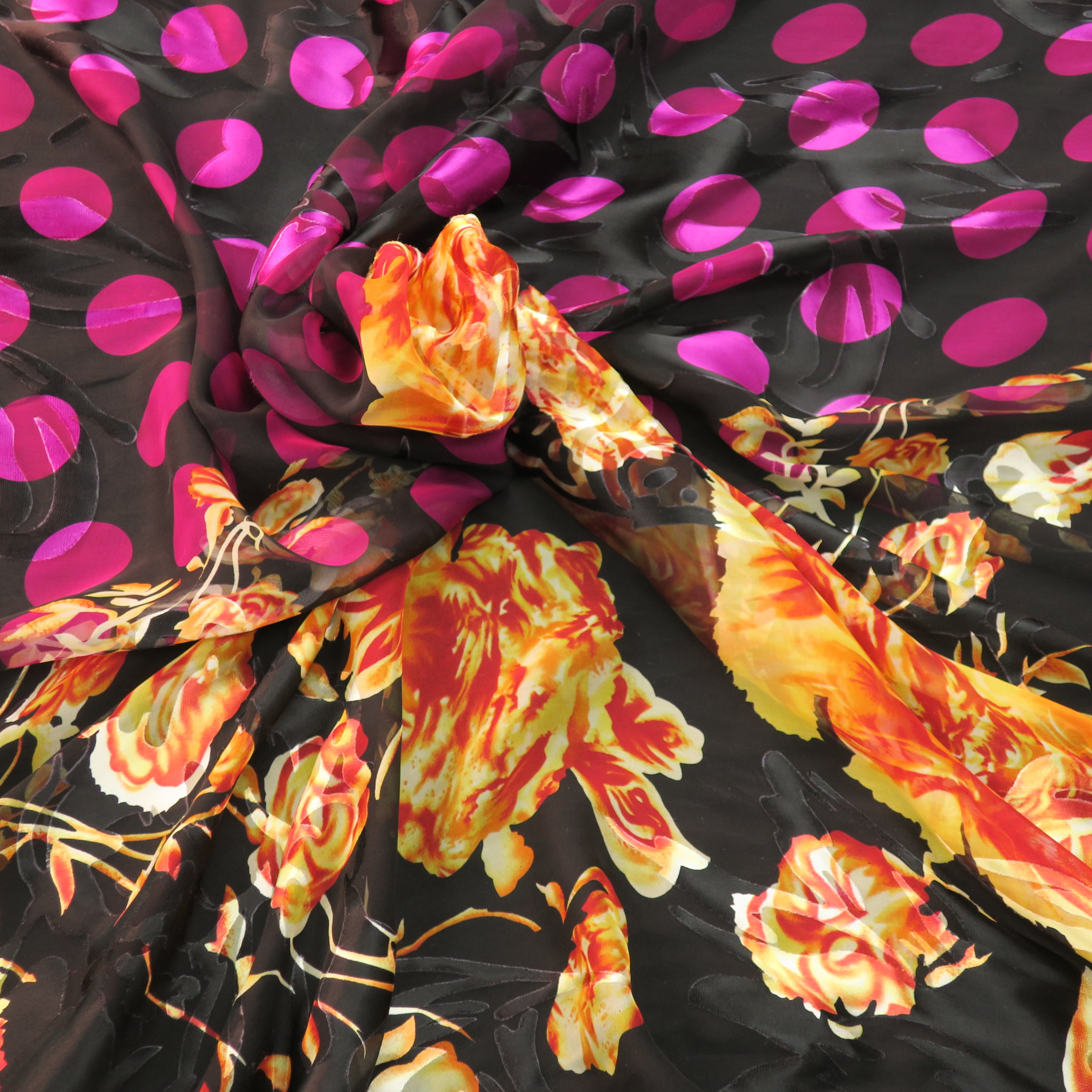 Floral and Dots Orange and Fuchsia Silk Chiffon and Charmeuse Printed ...
