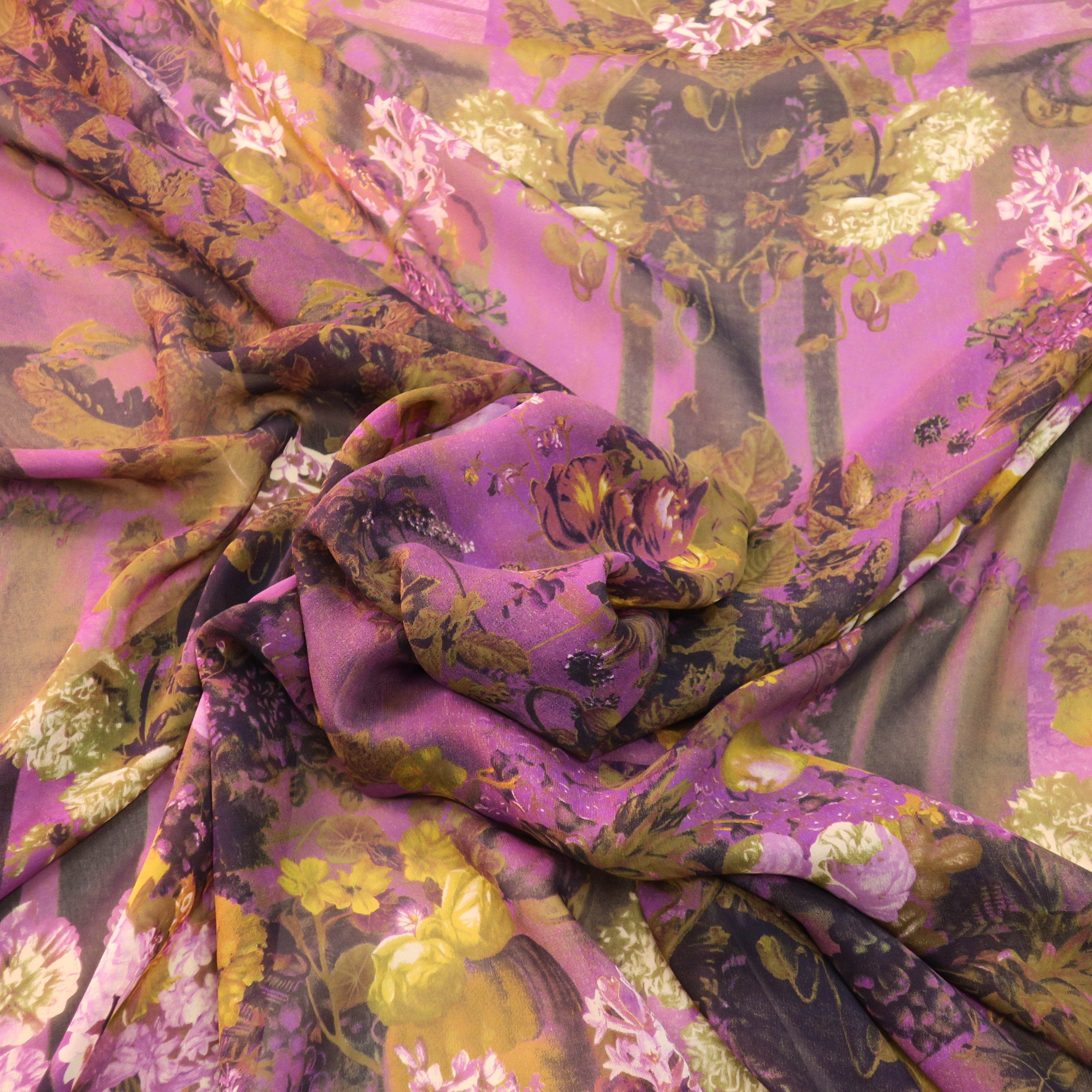 Olive and Dark Purple Printed Silk Chiffon Fabric | Rex Fabrics