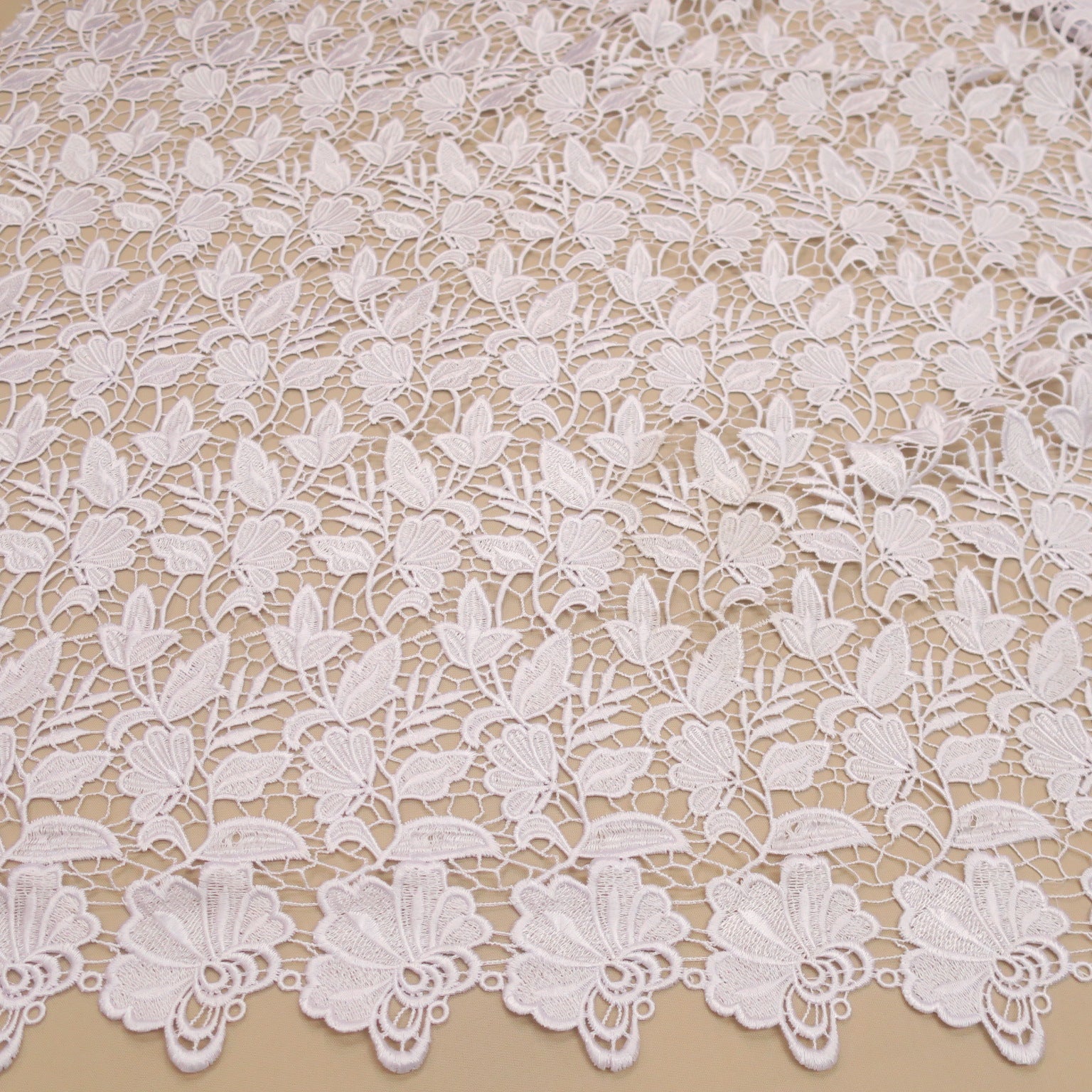 White Floral Embroidered Guipure Double Scalloped Lace | Rex Fabrics