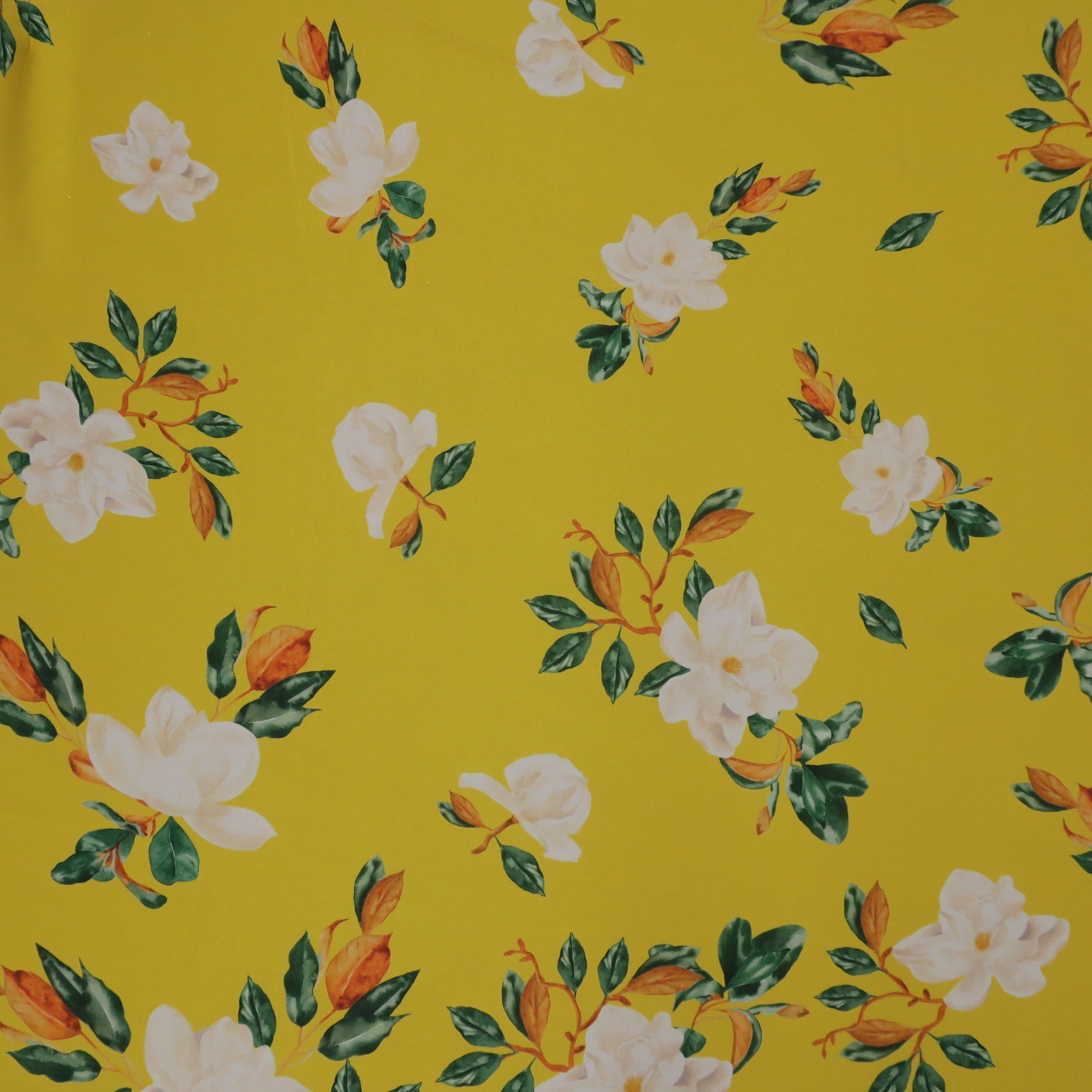 White Flowers on Yellow Background Charmeuse Polyester Fabric